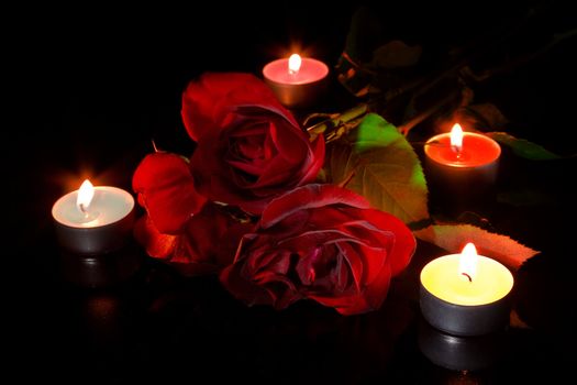 Red roses with candles on black