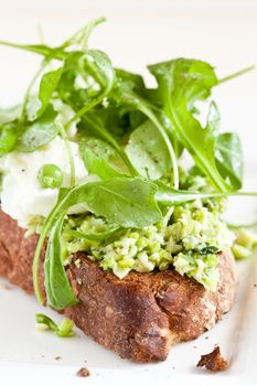 Delicious crostini with puree of raw beans and peas with mozarella