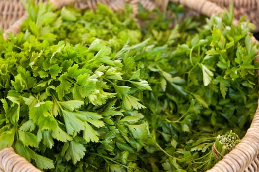 Bunches of fresh parsley in a basket at the market