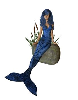 Blue mermaid sitting on a rock with cattails 300 dpi