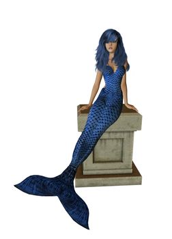Blue mermaid sitting on a pedestal 300 dpi