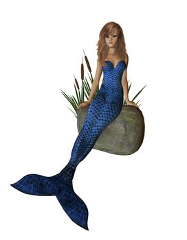 Blue mermaid sitting on a rock with cattails 300 dpi
