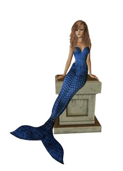 Blue mermaid sitting on a pedestal 300 dpi