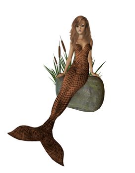 Brown mermaid sitting on a rock with cattails 300 dpi