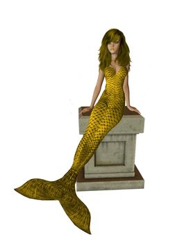 Gold mermaid sitting on a pedestal 300 dpi