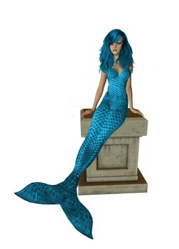 Baby blue mermaid sitting on a pedestal 300 dpi