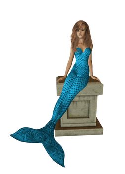 Baby blue mermaid sitting on a pedestal 300 dpi