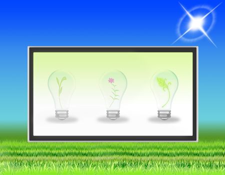 lawn with LCD TV that transmits symbols of ecology
