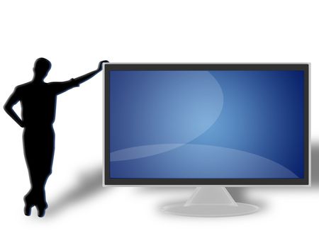 man resting on the left side of a large LCD TV