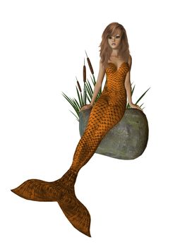 Orange mermaid sitting on a rock with cattails 300 dpi