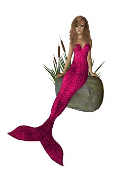 Pink mermaid sitting on a rock with cattails 300 dpi