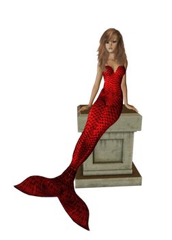 Red mermaid sitting on a pedestal 300 dpi