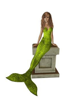 Yellow mermaid sitting on a pedestal 300 dpi