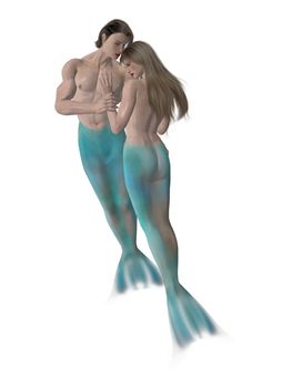 Mermaid couple embrassing each other