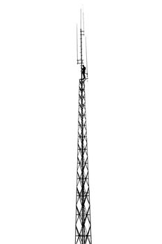 Technical inspection on a mast with antennas, white background