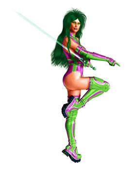 Green haired science fiction woman warrior with fushia purple and lime green sci fi outfit holding a sword