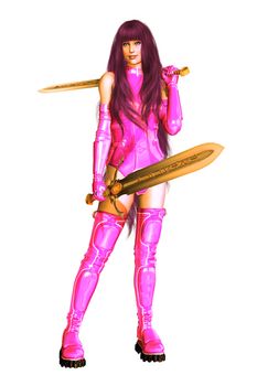 Pink haired science fiction woman warrior with baby pink sci fi outfit holding a sword
