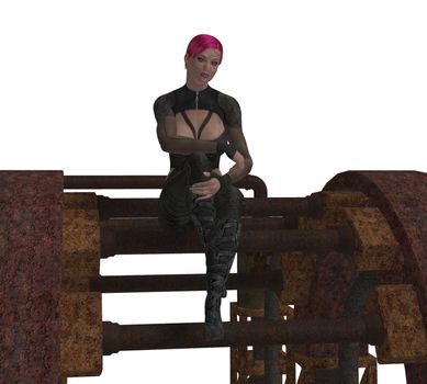 Futuristic woman sitting on metal pipes