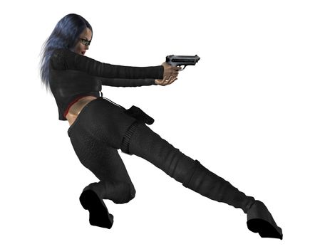 Woman leaning and holding a gun 