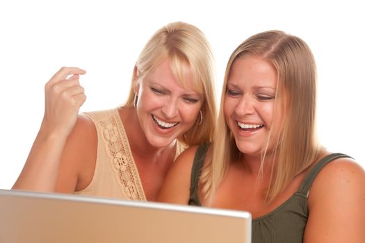 Two Laughing Women Using Laptop Isolated on a White Background.