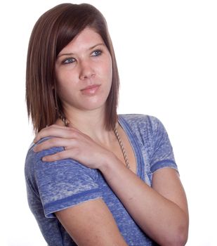 A girl is posing for the camera with her chain.