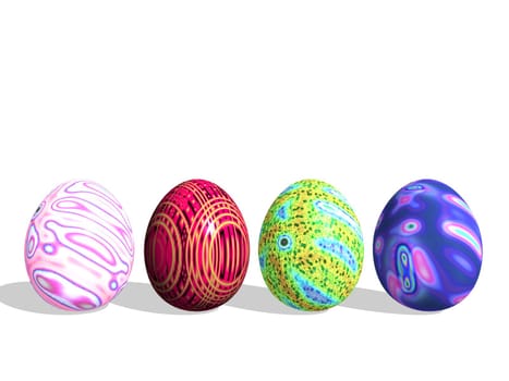 Four colored eggs for easter with their shadows in white background