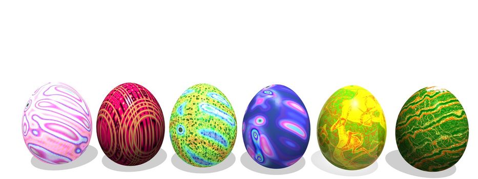 Six colored eggs for easter with their shadows in white background