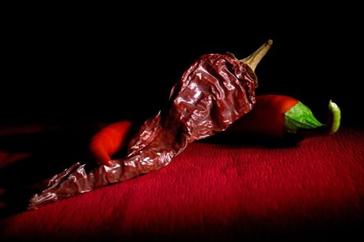 Red chili pepper on red background