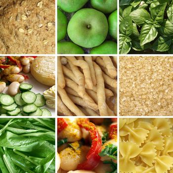 Food collage including pictures of vegetables, fruit, pasta