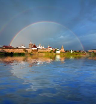  Rainbow over the Monastery. Spaso-Preobrazhenskiy solovetsky monastery. Solovetsky Archipelago, The White Sea, Korelia, Northern Russia.