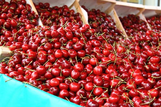 Ripe cherries for sale on a market stall in France