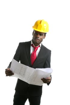 African american architect engineer with yellow hardhat and plans