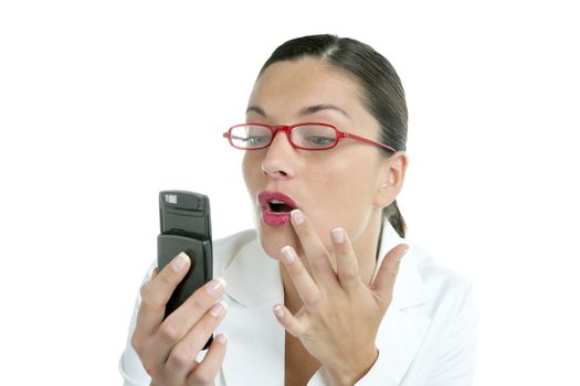 Businesswoman with red lipstick using mobile phone as a mirror