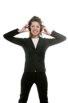 Businesswoman with noise safety headphones and expression