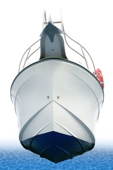 Beached white sport motor boat hull view from down isolated over white