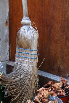 Traditional French besom broomstick comprising hazel stick and birch bristles