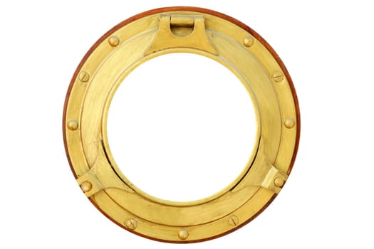 Round golden brass boat porthole window isolated on white