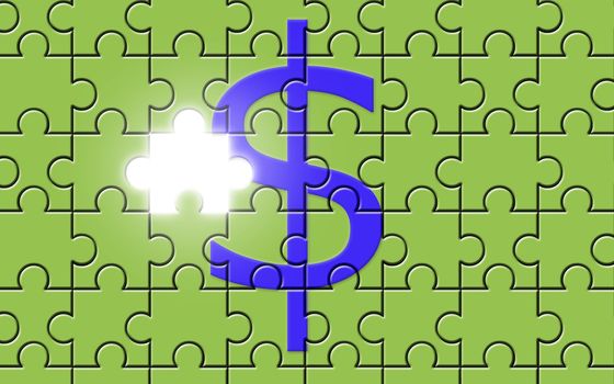 Dollar sign on a puzzle with missing piece, currency symbol