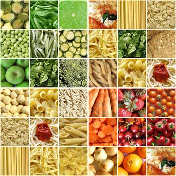 Food collage including pictures of vegetables, fruit, pasta and more