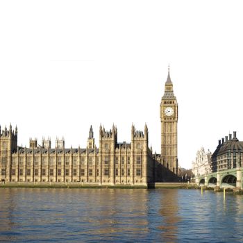 Houses of Parliament with Big Ben, Westminster Palace, London, UK - isolated over white with copy space