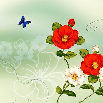 green background in the roses and butterflies