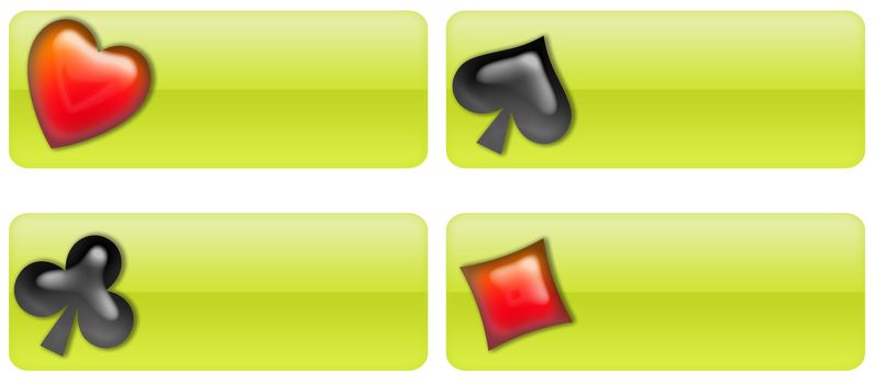 four buttons or banners with the signs of the poker cards
