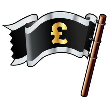 British pound currency symbol on black, silver, and gold vector flag good for use on websites, in print, or on promotional materials