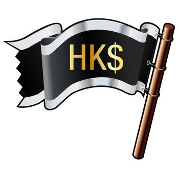 Hong Kong dollar currency symbol on black, silver, and gold vector flag good for use on websites, in print, or on promotional materials