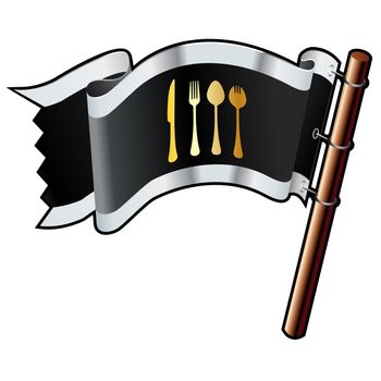 Eating utensils icon on black, silver, and gold vector flag good for use on websites, in print, or on promotional materials