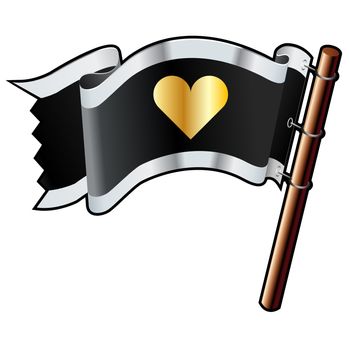 Heart, love, or relationship icon on black, silver, and gold vector flag good for use on websites, in print, or on promotional materials