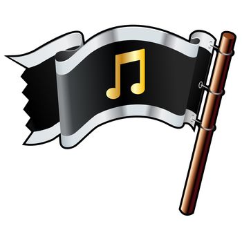 Music notes icon on black, silver, and gold vector flag good for use on websites, in print, or on promotional materials