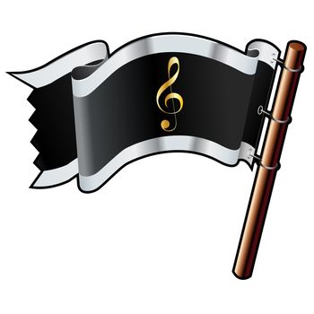 Treble clef icon on black, silver, and gold vector flag good for use on websites, in print, or on promotional materials