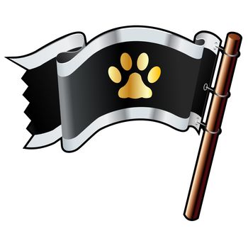 Pet paw print icon on black, silver, and gold vector flag good for use on websites, in print, or on promotional materials