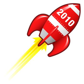 2010 year icon on red retro rocket ship illustration good for use as a button, in print materials, or in advertisements.